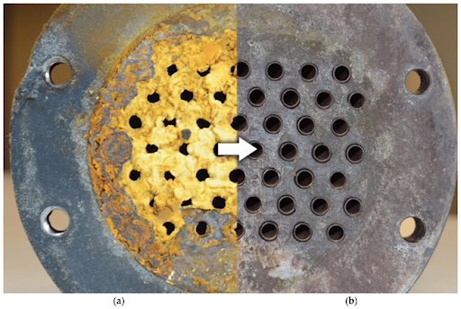 Microbial fouling on a heat exchanger versus a well-maintained unit